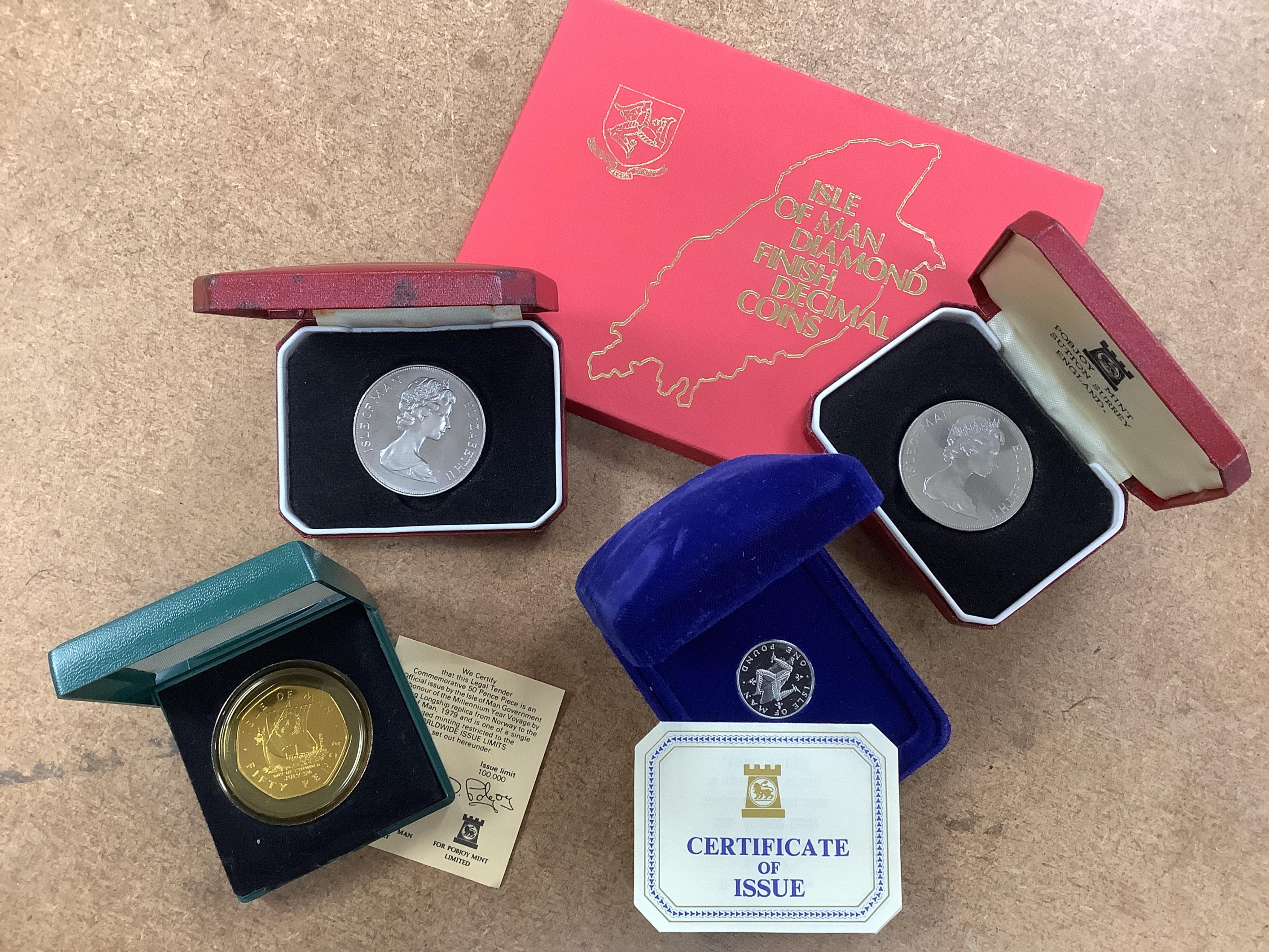 British and Isle of Man coinage, QEII, mostly BUNC Pobjoy and Royal Mint issues, mostly cased and carded including some decimal coin year sets